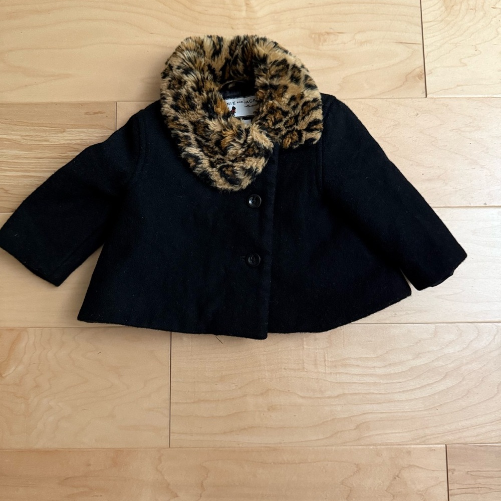 Janie and Jack Black‎ Wool Blend Coat Leopard Faux Fur Collar 6-12 Months Kids